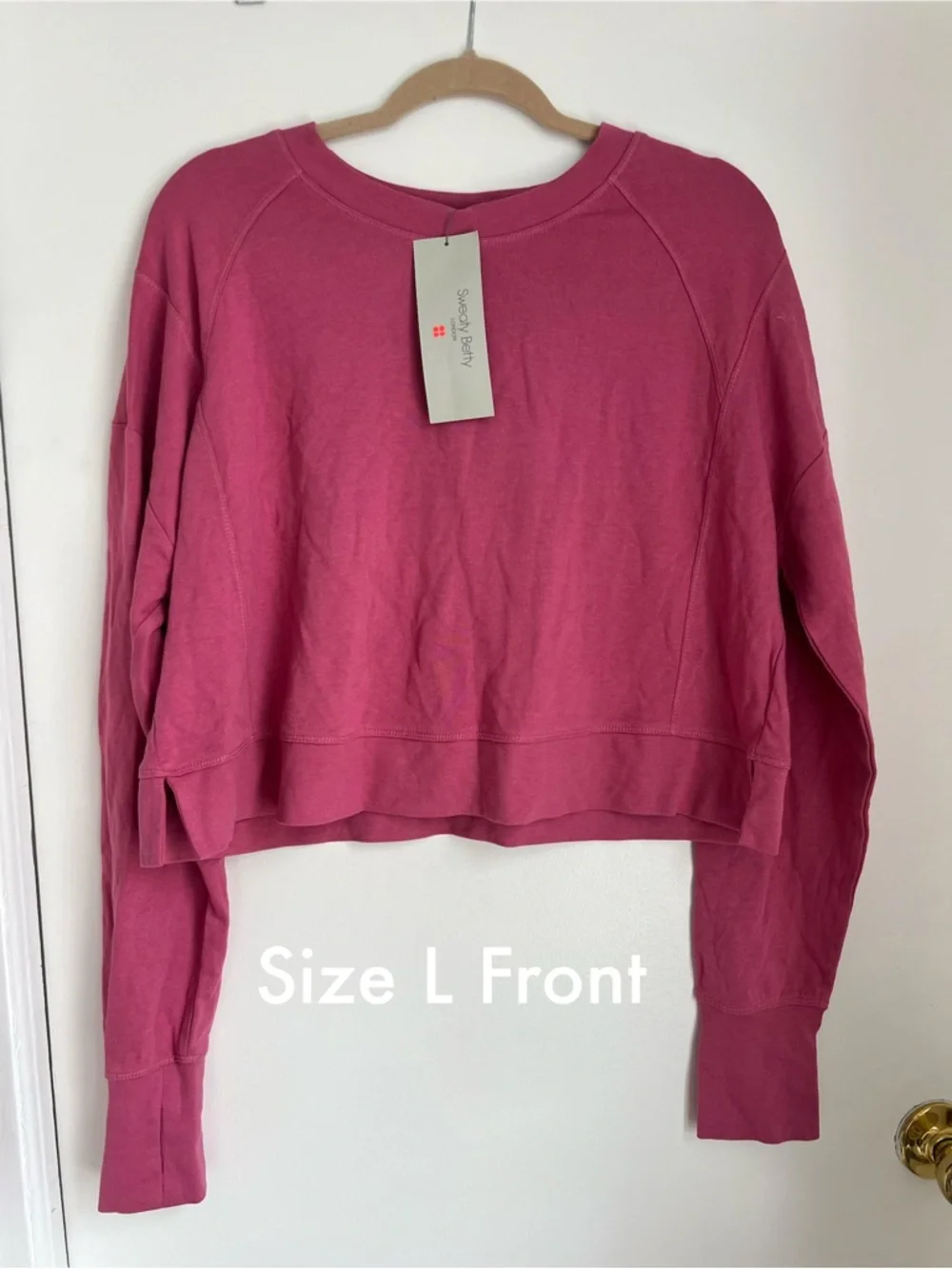 NWT Sweaty Betty After Class Crop Sweatshirt in Adventure Pink with Thumbholes - Picture 13 of 16
